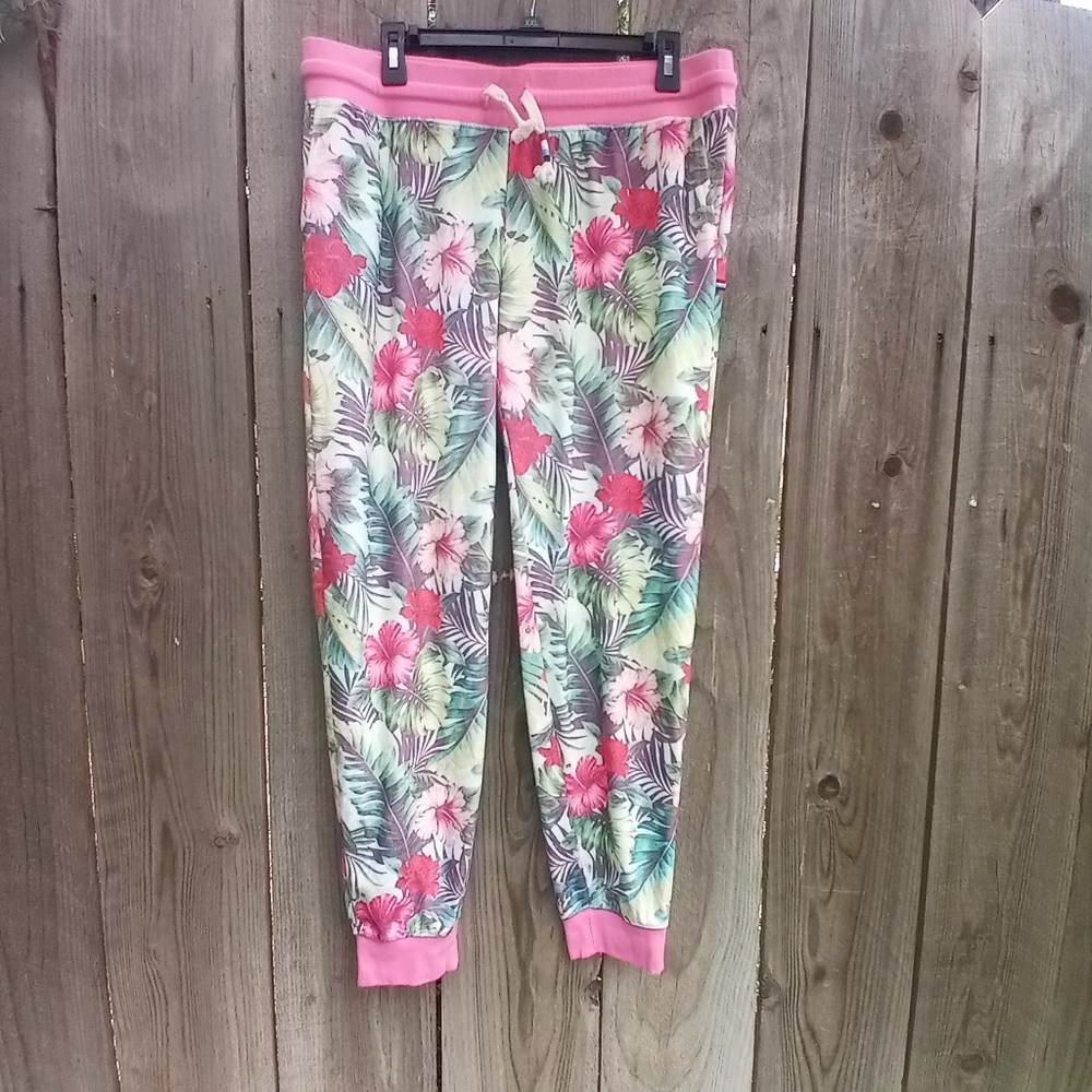 Hawaiian Tropical Floral Lounge Jogger Pants Los Angeles XL Elastic Waist & Cuff